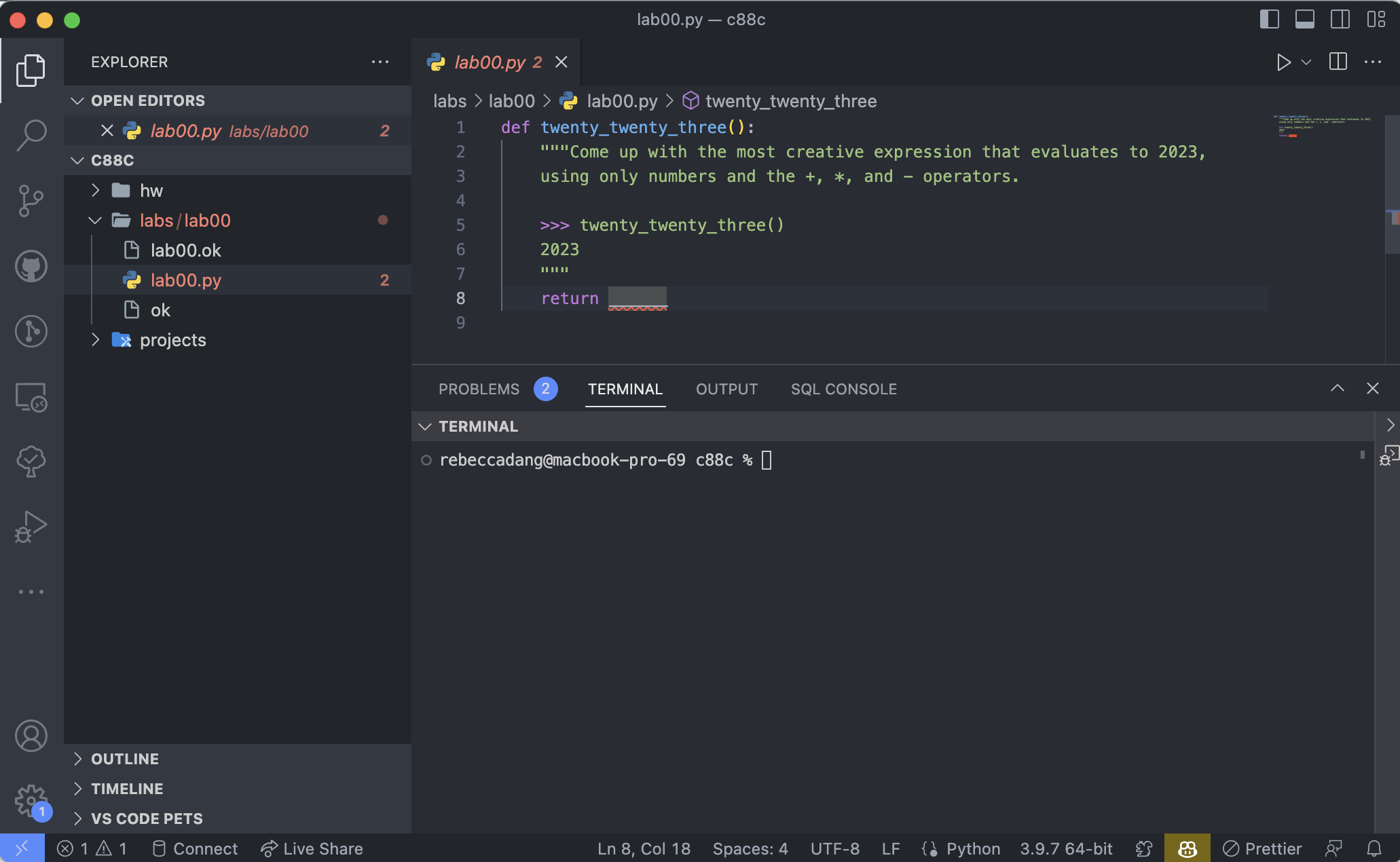 example setup of VS Code with the lab00.py file and integrated terminal open